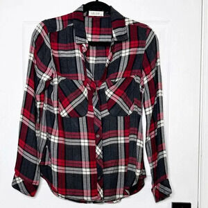 BELLA DAHL Size XS Red Black Gray Plaid Soft Flannel Button Down